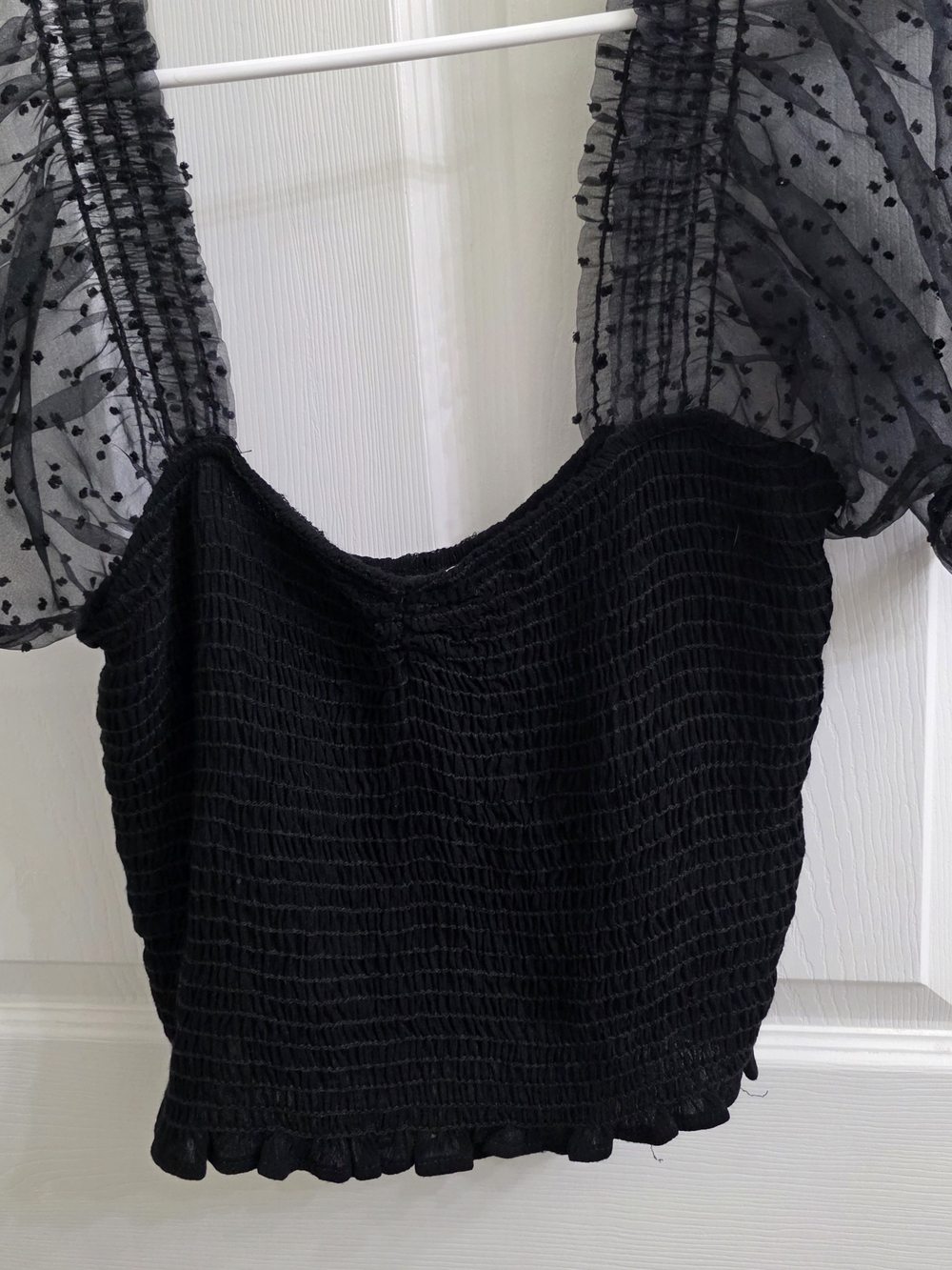 Lush Black Smocked Crop Top with Sheer Puff Dot Sleeves - Picture 4 of 5